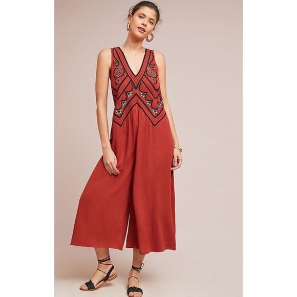 Maeve Pants - Anthropologie Maeve Desert Embroidered Boho Terracotta Jumpsuit